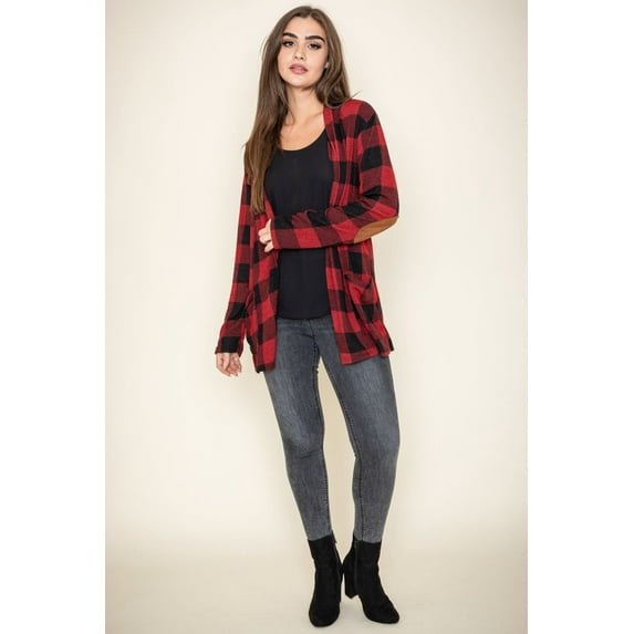 Red Buffalo Plaid Cardigan with Elbow Patch_Plus