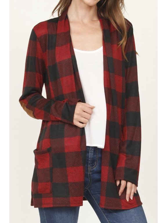 Red Buffalo Plaid Cardigan with Elbow Patch_Plus