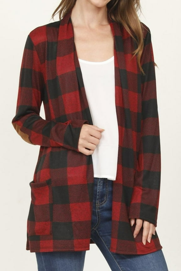 Red Buffalo Plaid Cardigan with Elbow Patch_Plus