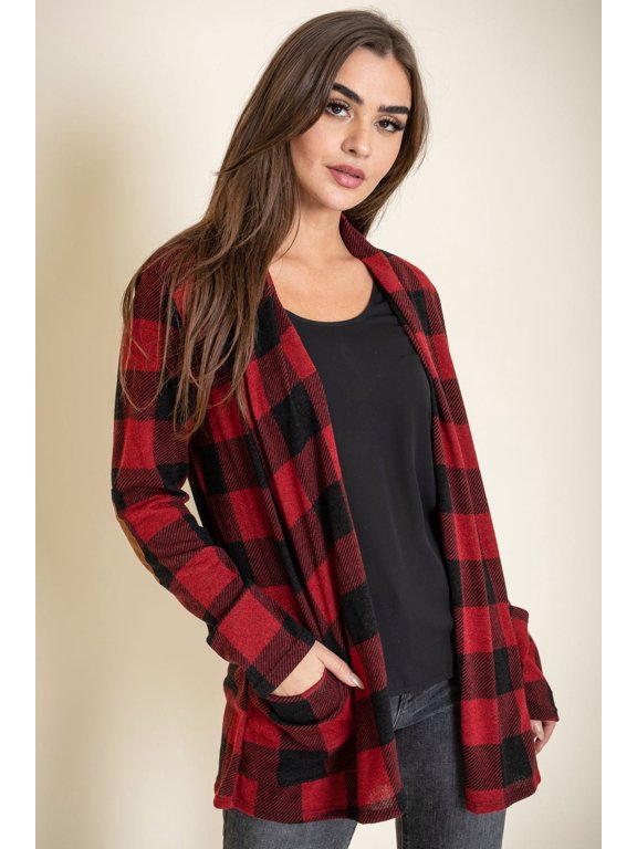 Red Buffalo Plaid Cardigan with Elbow Patch