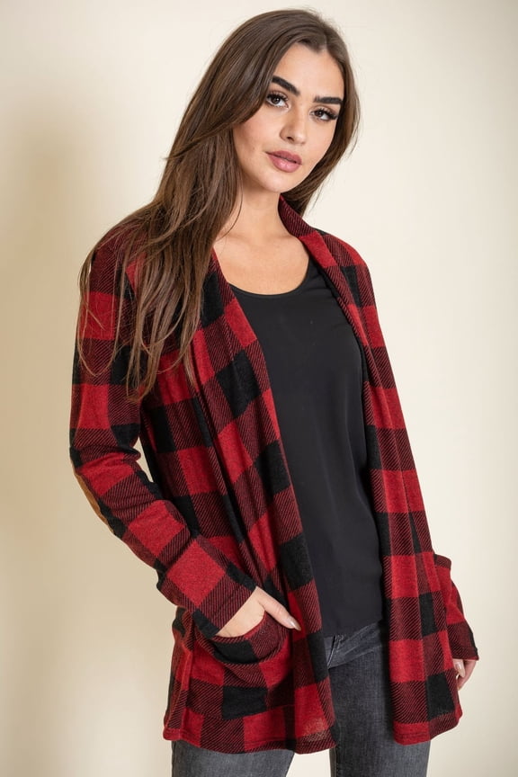 Red Buffalo Plaid Cardigan with Elbow Patch