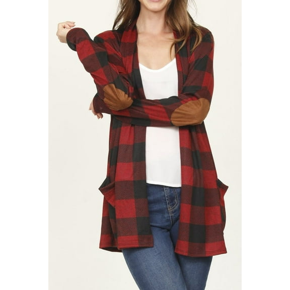 Red Buffalo Plaid Cardigan with Elbow Patch