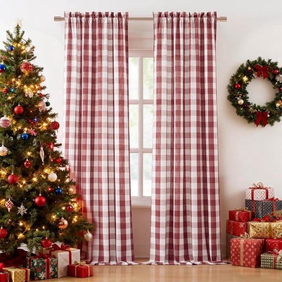 Red Buffalo Plaid Check Window Curtain Panels,Burgundy Gingham Checkered Farmhouse Retro Rustic Rod Pocket Window Treatment for Bedroom Living Room,2 Panels,40" Wx84 L,Red/White