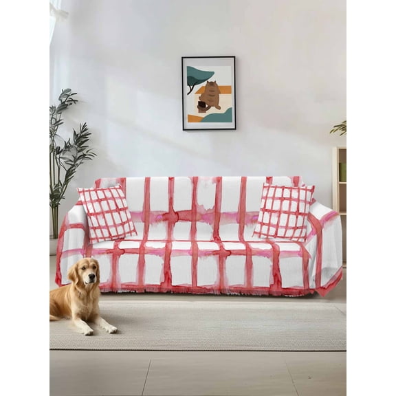 Red Buffalo Plaid Couch Cover, Farmhouse Check Stripes Retro Geometric Oversized Sofa Cover Blanket for 3 Cushion Couch, Sectional Sofa Slipcover Protector for Living Room Bedroom 71''x150''