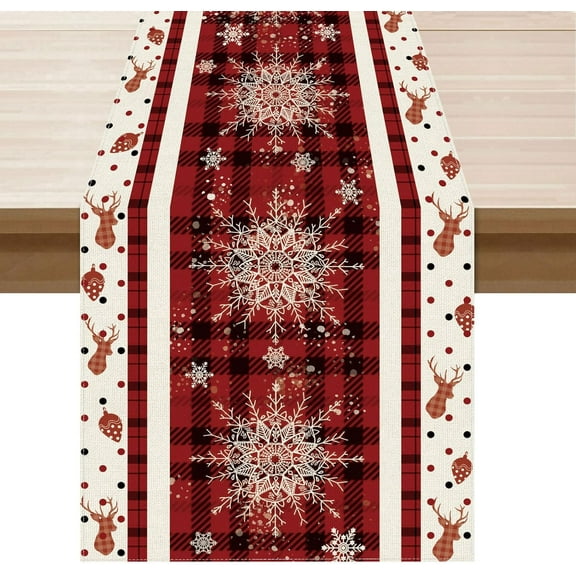 Red Buffalo Plaid Deer Snowflakes Christmas Winter Xmas Cloth Table Runner Burlap Table Decoration for Home Kitchen Dining Dinner Indoor Holiday Farmhouse Decor 13.8x71 Inch