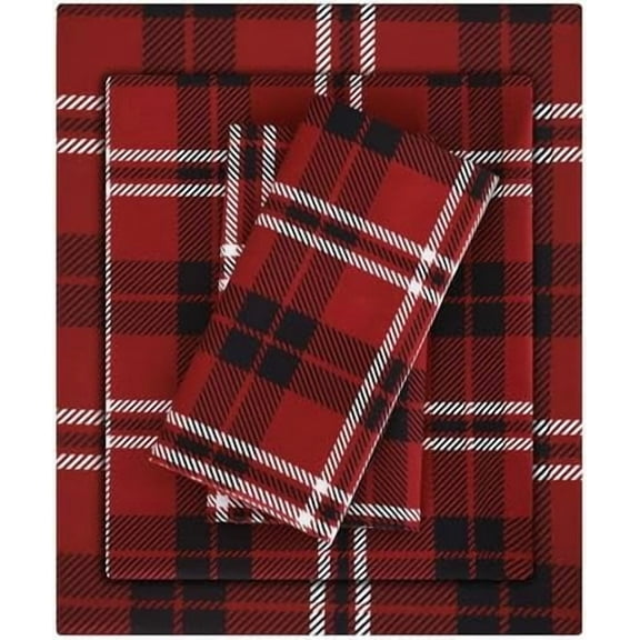 Red Buffalo Plaid Full Sheet Set - 4 Piece Christmas Red and Black Grid Block Patterned Bed Sheets - Soft, Breathable Microfiber Sheets with Deep Pocket, Non-Slip Fitted Sheets & Pillowcases