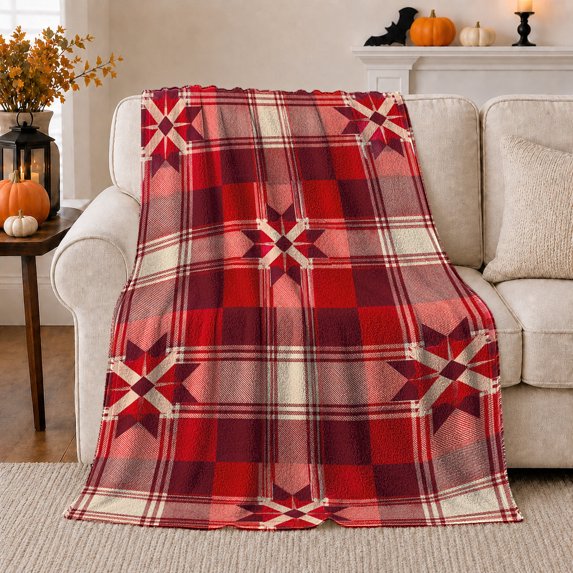 Red Buffalo Plaid with Geometric Stars, Bold Holiday Style for Christmas Lovers, Festive Cabin Check and Christmas Gift, Cozy Flannel Blanket for Living Room and Cabin, Home Decor