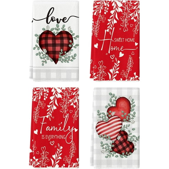 Red Buffalo Plaid Heart Love Valentine''s Day Kitchen Towels Dish Towels, 18x26 Inch Farmhouse Wedding Decoration Hand Towels Set of 4