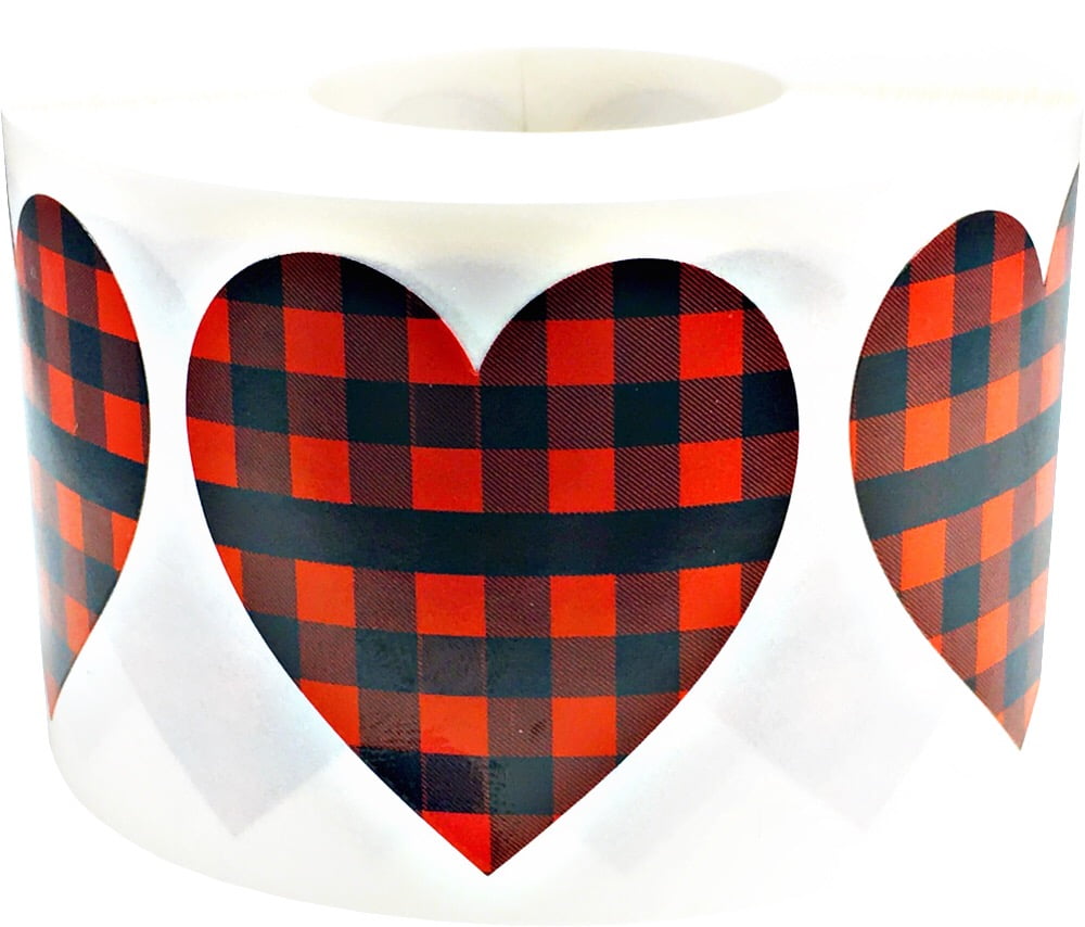 Red Buffalo Plaid Heart Stickers Valentine's Day 1 1/2 Inch Heart Shape 500 Adhesive Labels