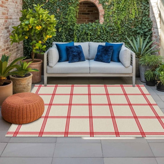 Red Buffalo Plaid Indoor Outdoor Rugs 3x5 Ft, Farmhouse Vintage Linen Red Stripes Outdoor Patio Rugs Mat Washable Outside Area Rugs Carpet for Porch Deck RV Camping Pool Balcony Backyard