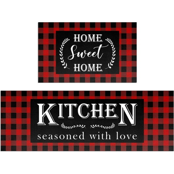 Red Buffalo Plaid Kitchen Mat Set of 2 Non Slip Thick Kitchen Rugs and Mats for Floor Comfort Standing Mats for Kitchen, Sink, Office, Laundry, 17"x47"+17"x28"