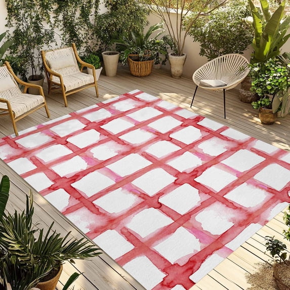 Red Buffalo Plaid Outdoor Rug for Patio/Deck/Porch, Non-Slip Large Area Rug 5 x 7 Ft, Farmhouse Check Stripes Retro Geometric Indoor Outdoor Rugs Washable Area Rugs, Camping Rug Carpet Runner