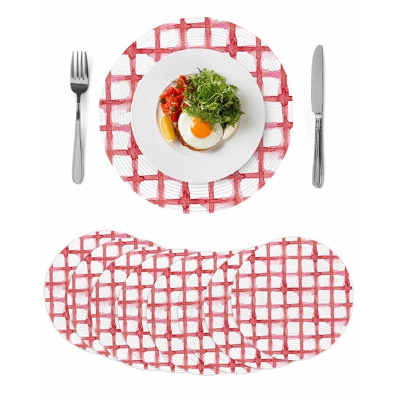 Red Buffalo Plaid Round 13 Inch Placemats Set of 8, Farmhouse Check Stripes Retro Geometric HeatResistant Non Slip Place Mats for Dining Table, Wipeable Braided Kitchen Table Mats for Housewarming