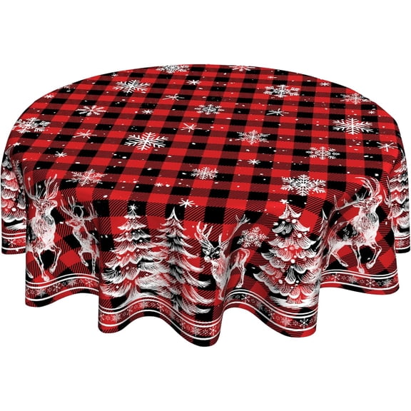 Red Buffalo Plaid Round Tablecloth 60 inch Winter Snowflake Circular Tablecloths Christmas Tree Table Cloths for Round Tables for Kitchen Dining Farmhouse Tables Decor