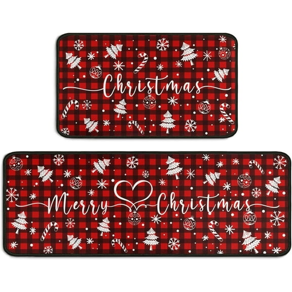 Red Buffalo Plaid Snowflake Christmas Kitchen Rugs and Mats Set of 2, Winter Home Decor Low-Profile Floor Mat Decorations for Home Kitchen 17"x47"+17"x30"