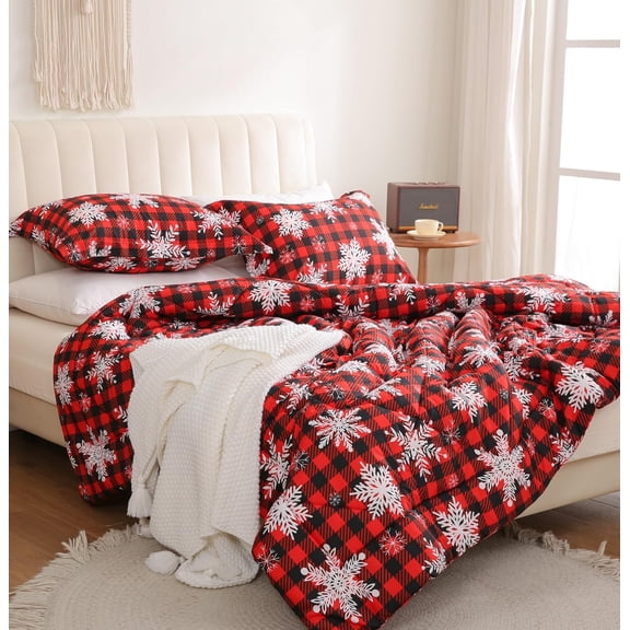 Red Buffalo Plaid Snowflakes Christmas Comforter Set Size, 3 count Holiday Winter Printed Microfiber Comforter with Pillow Shams