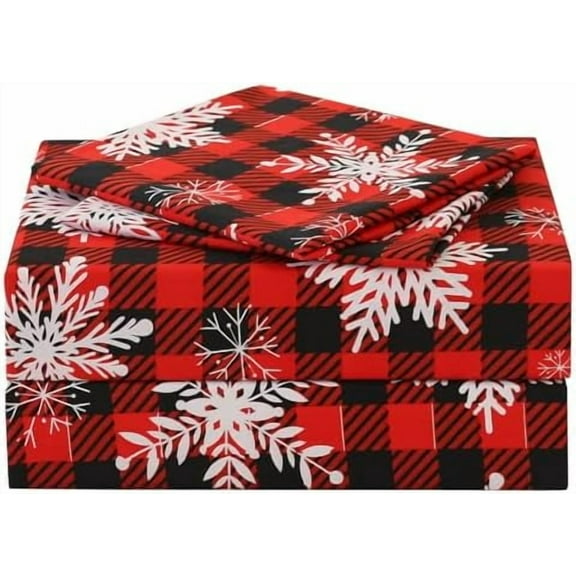 Red Buffalo Plaid Snowflakes Sheet Set Full Size, 4 Piece Christmas Winter Microfiber Bedding Sheets Extra Deep Pocket