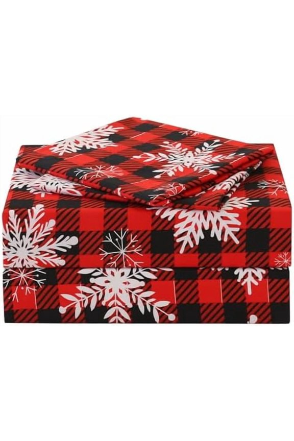 Red Buffalo Plaid Snowflakes Sheet Set Full Size, 4 Piece Christmas Winter Microfiber Bedding Sheets Extra Deep Pocket