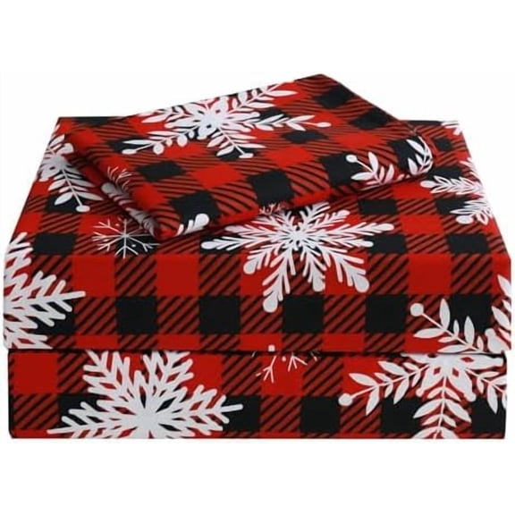 Red Buffalo Plaid Snowflakes Sheet Set Twin Size, 3 Piece Christmas Winter Microfiber Bedding Sheets Extra Deep Pocket