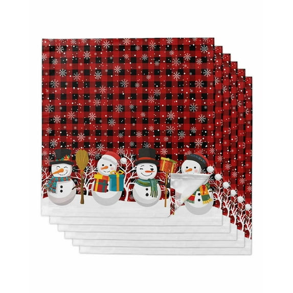 Red Buffalo Plaid Snowman Cloth Napkins Set of 6 Reusable Dinner Napkins, Christmas Winter Snowflake Xmas Cocktail Napkin Washable Table Napkins for Wedding/Holiday Party/Baby Shower 20"x20"