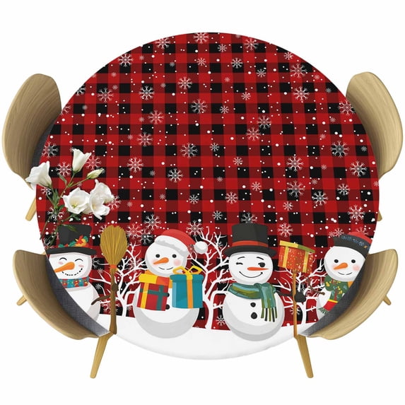 Red Buffalo Plaid Snowman Round Tablecloth, Fitted Table Cover with Elastic for 36"-44" Round Tables, Christmas Winter Snowflake Xmas Table Cloth Outdoor Indoor Dinning Party Waterproof Tablecloths
