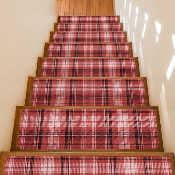 Red Buffalo Plaid Stair Treads Non Slip for Steps Rustic Farmhouse 7 Pcs Reusable Adhesive Stair Runner Mats for Dogs Elders Carpet Treads Rugs for Staircase 8x30 In