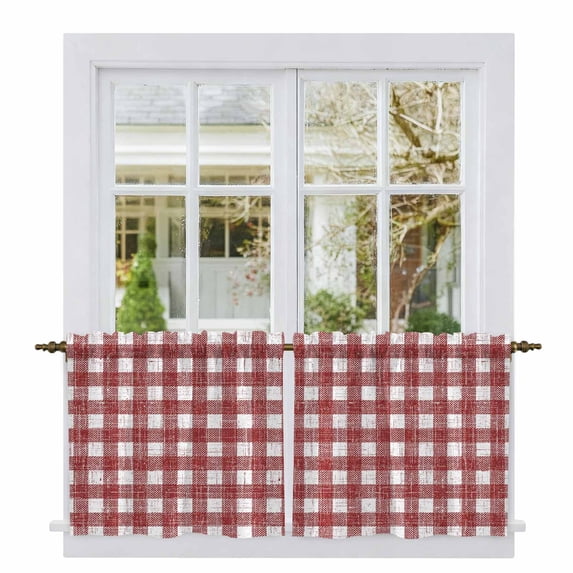 Red Buffalo Plaid Tier Curtains 24 Inch Length, Farmhouse Checked Vintage Geometric Art Cafe Short Curtains for Bathroom Over Sink, Small Kitchen Curtain Light Filtering Drapes 2 Panels 27.5"Wx24"L