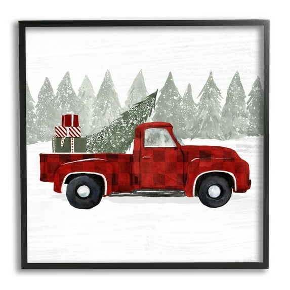 Red Buffalo Plaid Vintage Truck Christmas Tree Snowfield Transportation Painting Framed Art Print Wall Art