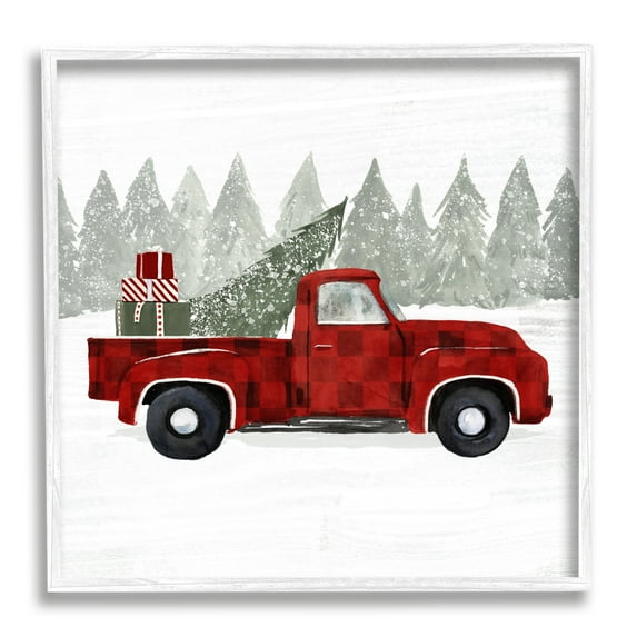 Red Buffalo Plaid Vintage Truck Christmas Tree Snowfield Transportation Painting Framed Art Print Wall Art