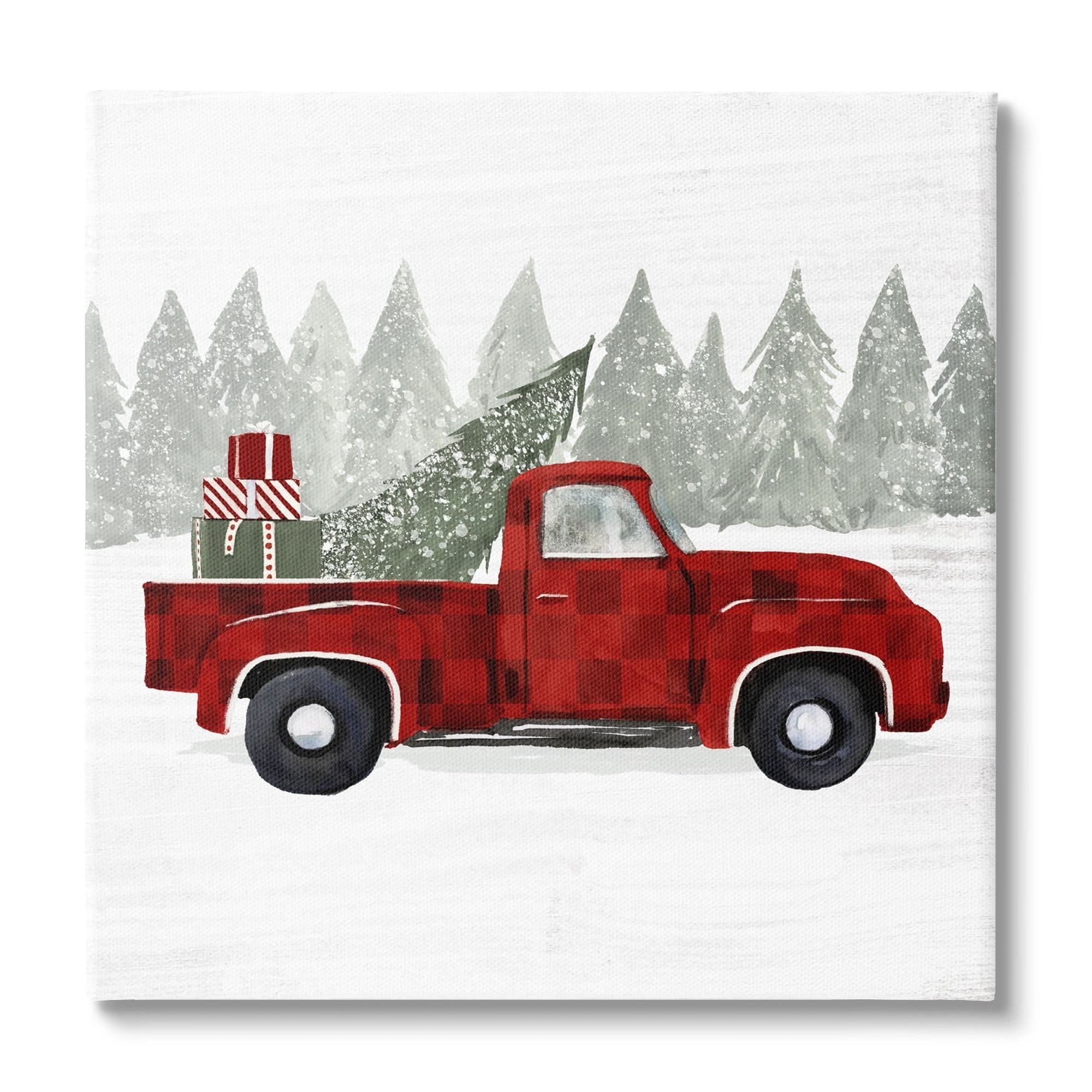 Red Buffalo Plaid Vintage Truck Christmas Tree Snowfield Transportation Painting Gallery-Wrapped Canvas Print Wall Art
