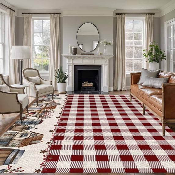 Red Buffalo Washable Area Rug 6 x 9 ft Plaid Country Star Barn Barrel Farmhouse, Soft Non Slip Rugs Stain Repellent Indoor Felt Carpet for Living Dining Room Bedroom Home Office