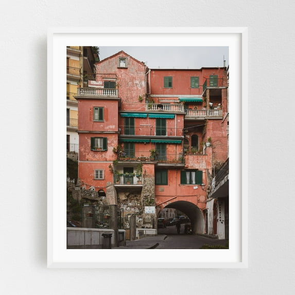 Red Building, Amalfi - Amalfi Campania Italy Photography Architecture Vintage Street Photography Travel Poster Rustic Cityscape Scenic White Framed Wall Art Print 18 x 24 inches