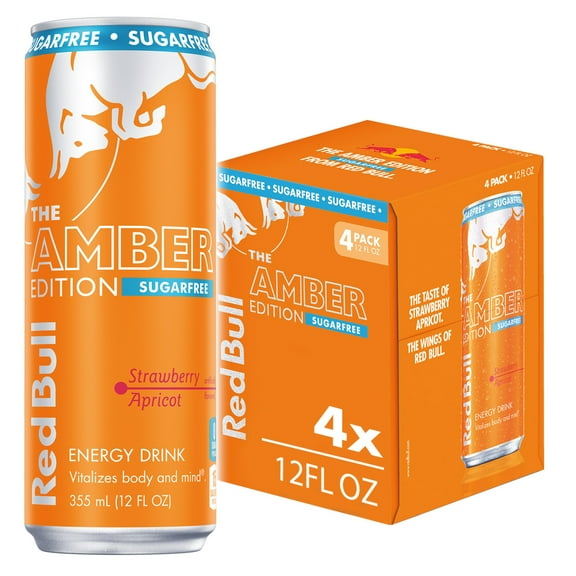 Red Bull Amber Edition Sugarfree Energy Drink, Strawberry Apricot, 12 fl oz, Pack of 4 Cans
