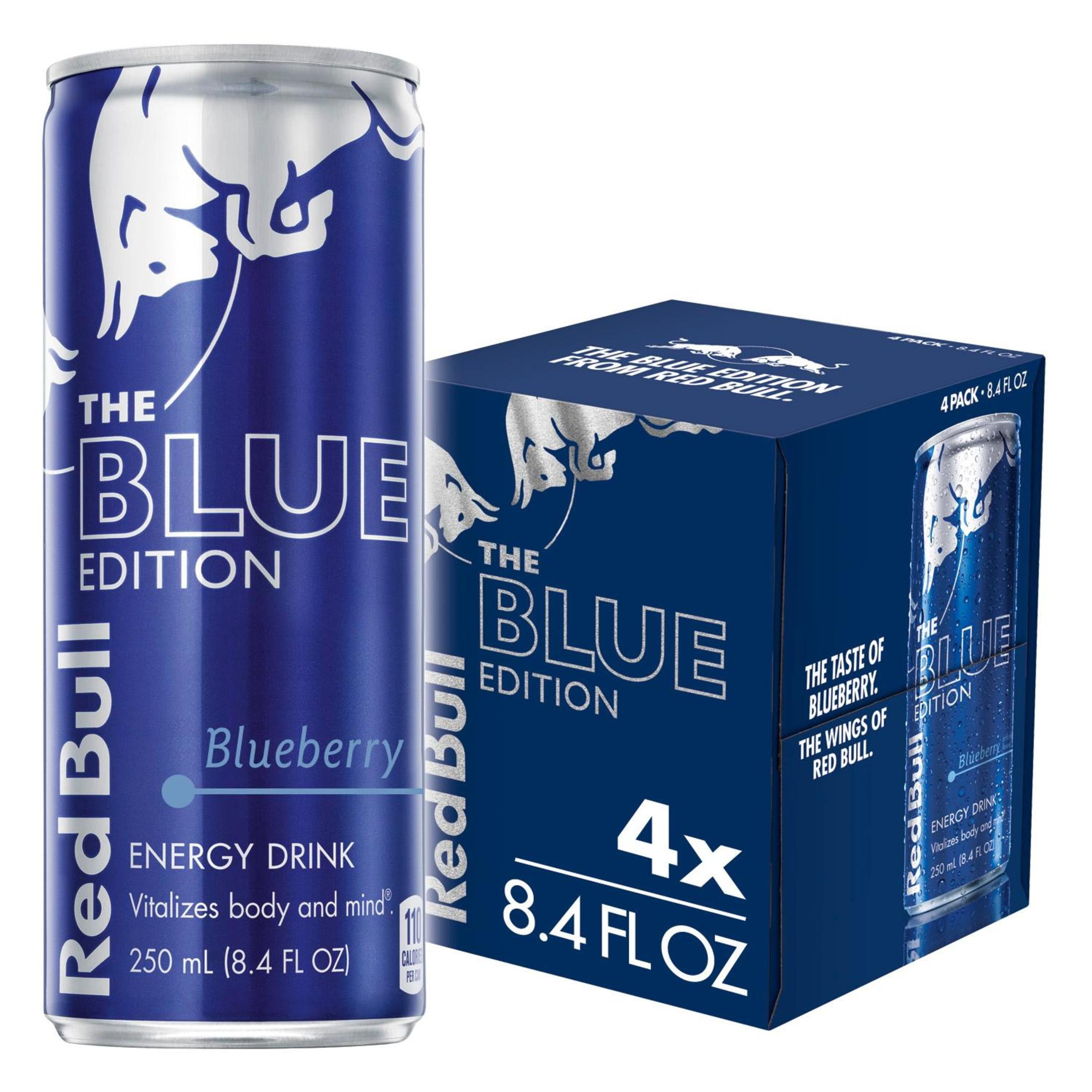 Red Bull Blue Edition Energy Drink, Blueberry, 80mg Caffeine, 8.4 fl. oz., Pack of 4 Cans