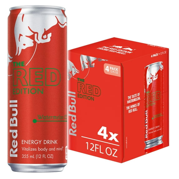 Red Bull Red Edition Energy Drink, Watermelon, 114mg Caffeine, 12 fl. oz., Pack of 4 Cans