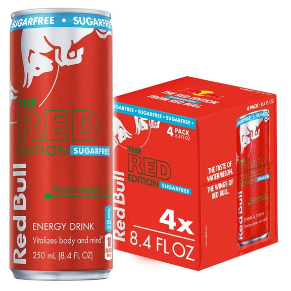 Red Bull Red Edition Sugarfree Energy Drink, Watermelon, 80mg Caffeine, 8.4 fl. oz., Pack of 4 Cans