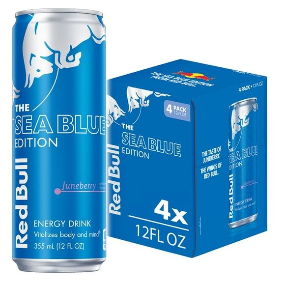 Red Bull Sea Blue Edition Energy Drink, Juneberry, 114mg Caffeine, 12 fl. oz., Pack of 4 Cans