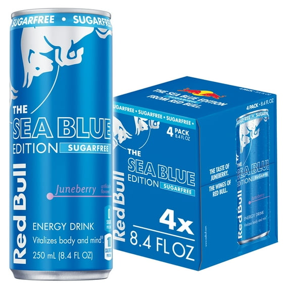 Red Bull Sea Blue Edition Sugarfree Energy Drink, Juneberry, 8.4 fl. oz., Pack of 4 Cans