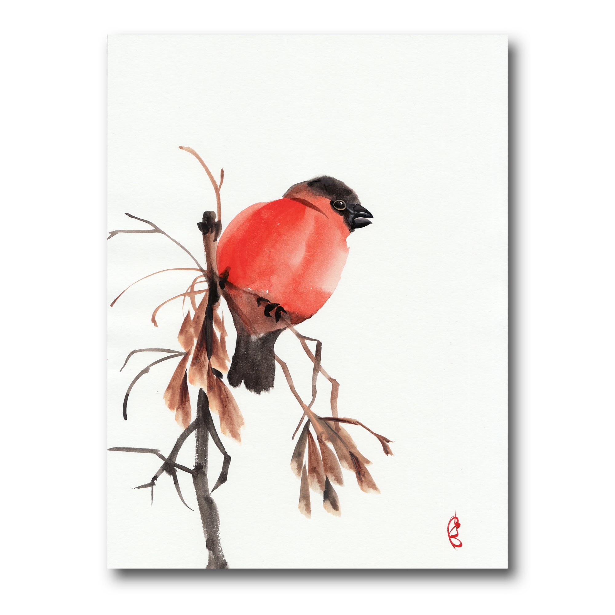 Red Bullfinch Bird Sitting On A Branch 12 in x 8 in Painting Canvas Art Print, by Designart