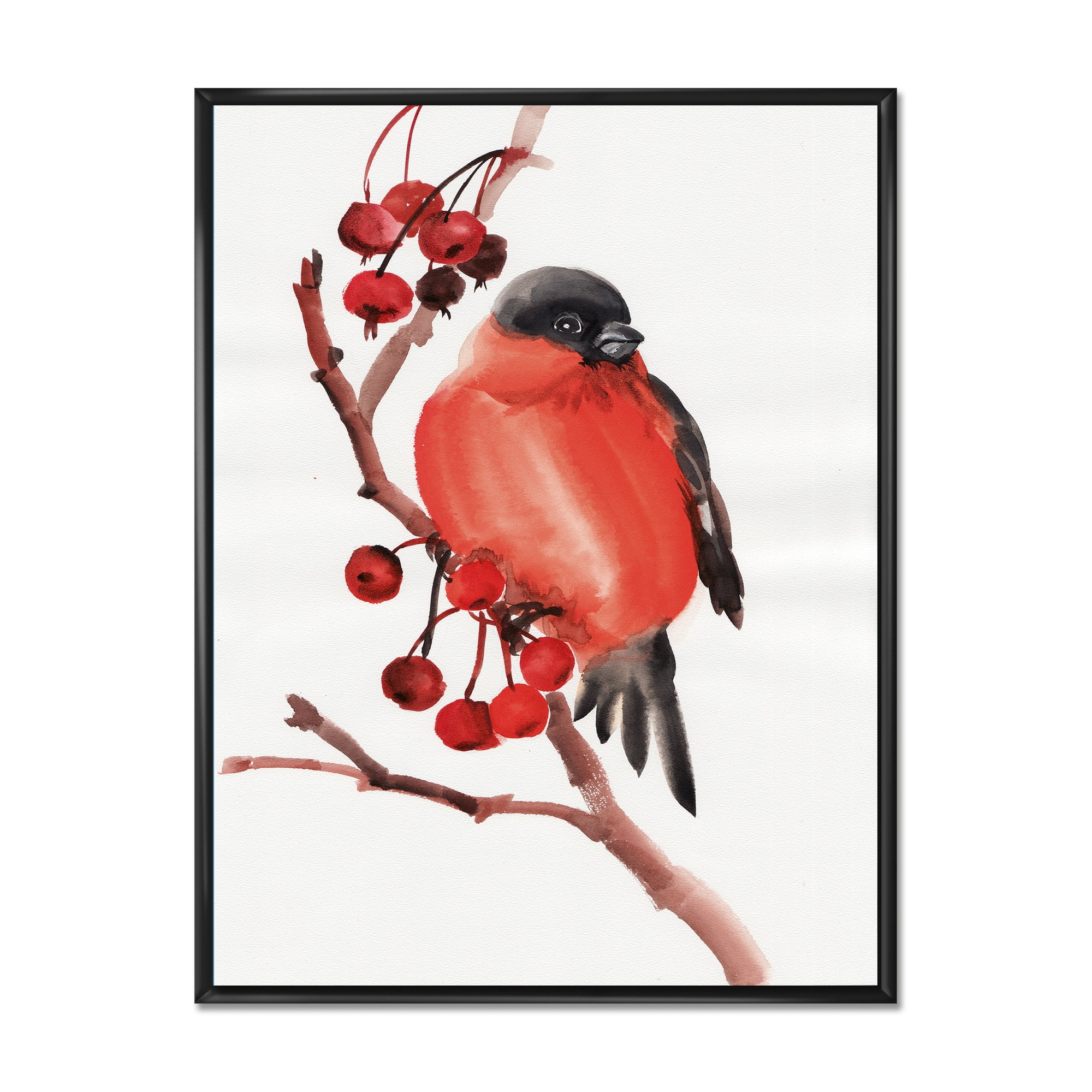 Red Bullfinch Bird Sitting On A Branch With Berries 16 in x 32 in Framed Painting Canvas Art Print, by Designart