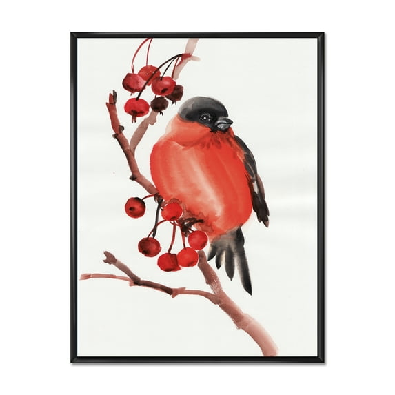 Red Bullfinch Bird Sitting On A Branch With Berries 16 in x 32 in Framed Painting Canvas Art Print, by Designart