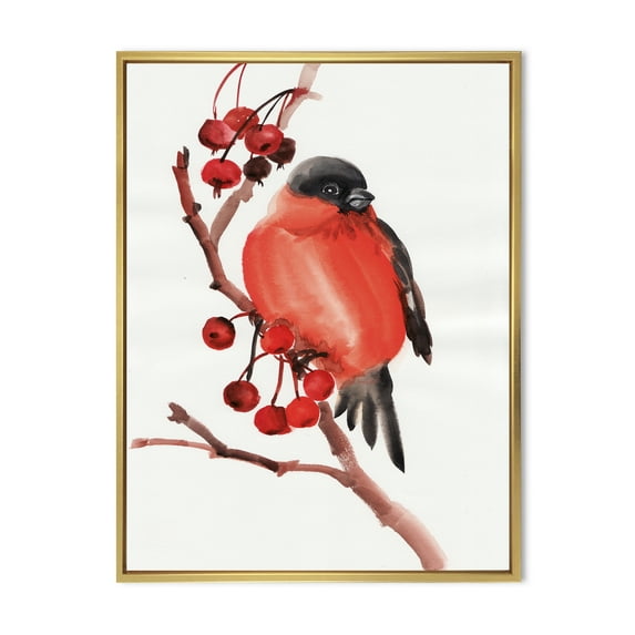 Red Bullfinch Bird Sitting On A Branch With Berries 16 in x 32 in Framed Painting Canvas Art Print, by Designart