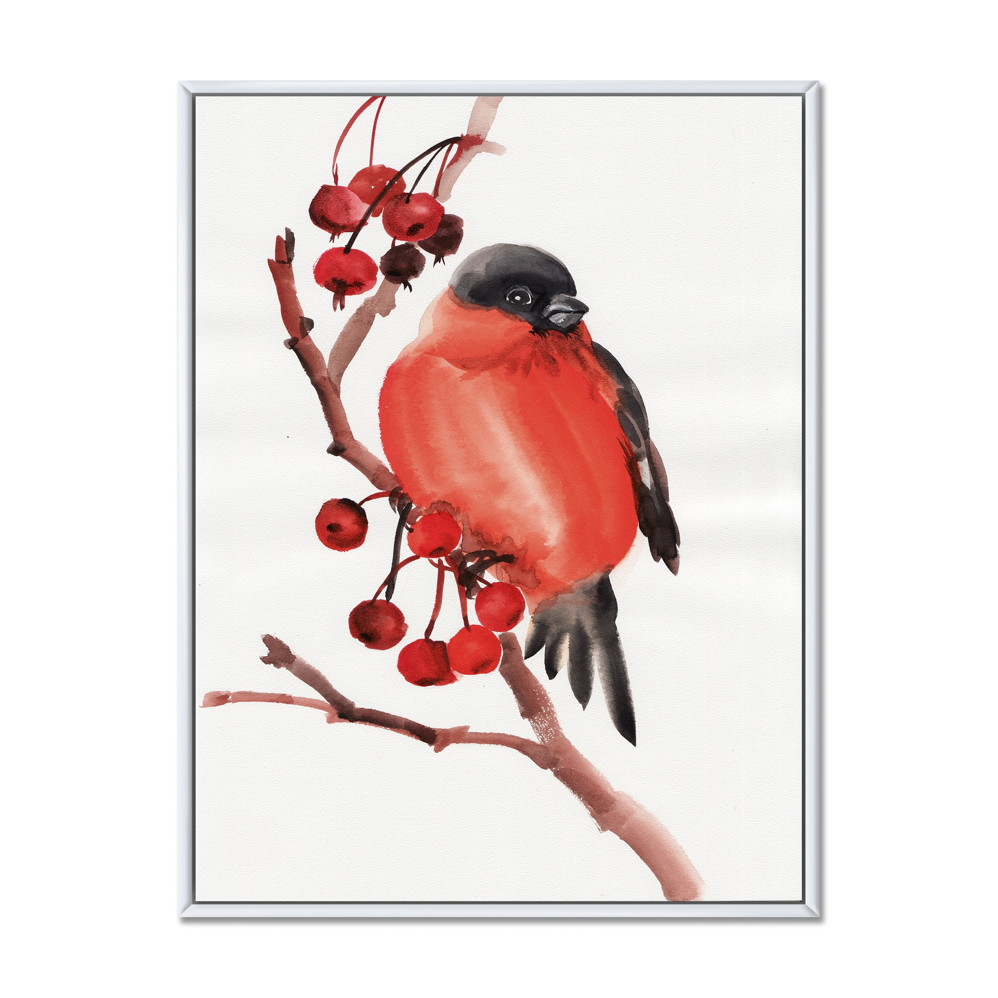 Red Bullfinch Bird Sitting On A Branch With Berries 16 in x 32 in Framed Painting Canvas Art Print, by Designart