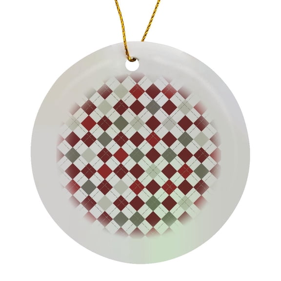 3drose, Red, Burgundy, Gray, and White Large Argyle Pattern, Circle Porcelain Ornament