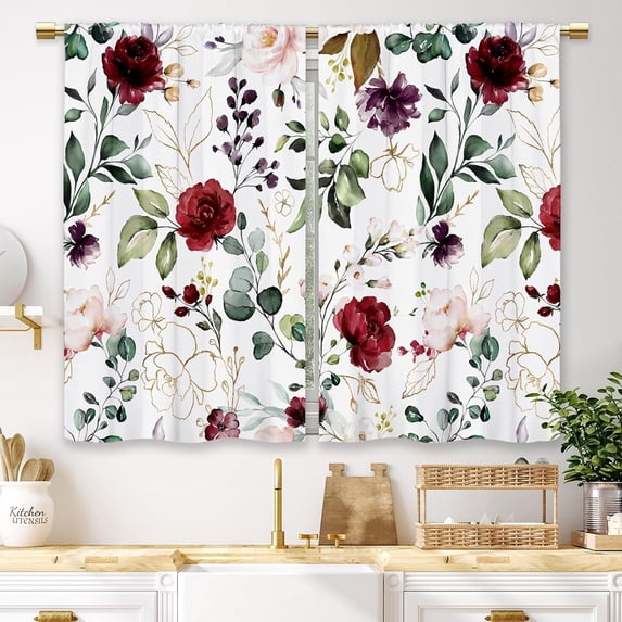 Red Burgundy Rose Flower Kitchen Curtains Spring Floral Small Short Cafe Window Curtains Botanical Leaves Wildflowers Bathroom Window Drapes Treatment Tier Curtains 2 Panels (27.5x39 Inch)