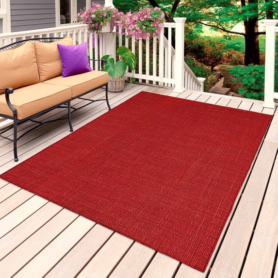 Red Burlap Texture Outdoor Rug for Patio/Deck/Porch, Non-Slip Large Area Rug 5 x 7 Ft, Farmhouse Vintage Red Indoor Outdoor Rugs Washable Area Rugs, Reversible Camping Rug Carpet Runner