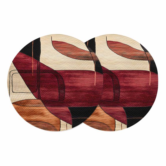 Red Burnt Orange Round 13 Inch Placemats Set of 2, Geometric Boho Modern Abstract HeatResistant Non Slip Place Mats for Dining Table, Wipeable Braided Kitchen Table Mats for Housewarming