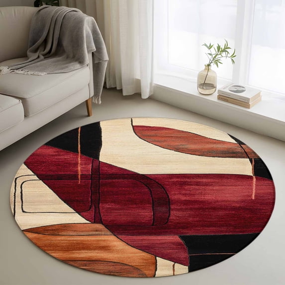 Red Burnt Orange Round Rug 4ft Washable Circle Entryway Rugs Non Slip Geometric Boho Modern Abstract Area Rug Indoor Floor Carpet for Bedroom Kitchen Living Room Home Office Dining Room Nursery