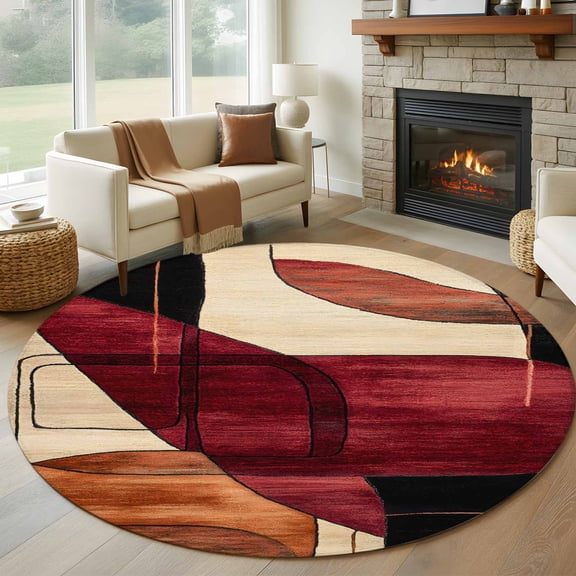 Red Burnt Orange Round Rug 5ft Washable Circle Kitchen Rugs Non Slip Geometric Boho Modern Abstract Large Area Rug Indoor Floor Carpet for Bedroom Living Room Home Office Dining Room Nursery