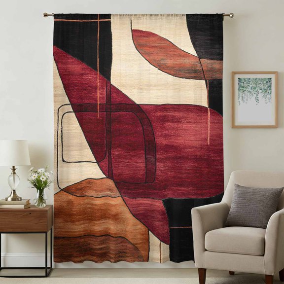 Red Burnt Orange Sheer Curtains 45 Inches Long, Geometric Boho Modern Abstract Light Filering Curtains, Breathable Simi Curtain Privacy Drapes for Kitchen Bathroom Lightweight Small Window Treatment